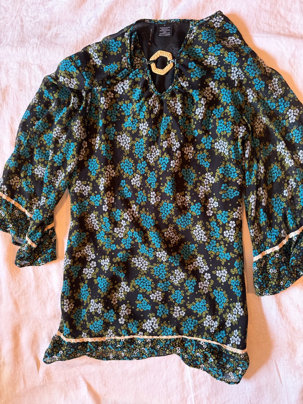 new directions Black Floral Peasant Top with Blue & White Flowers